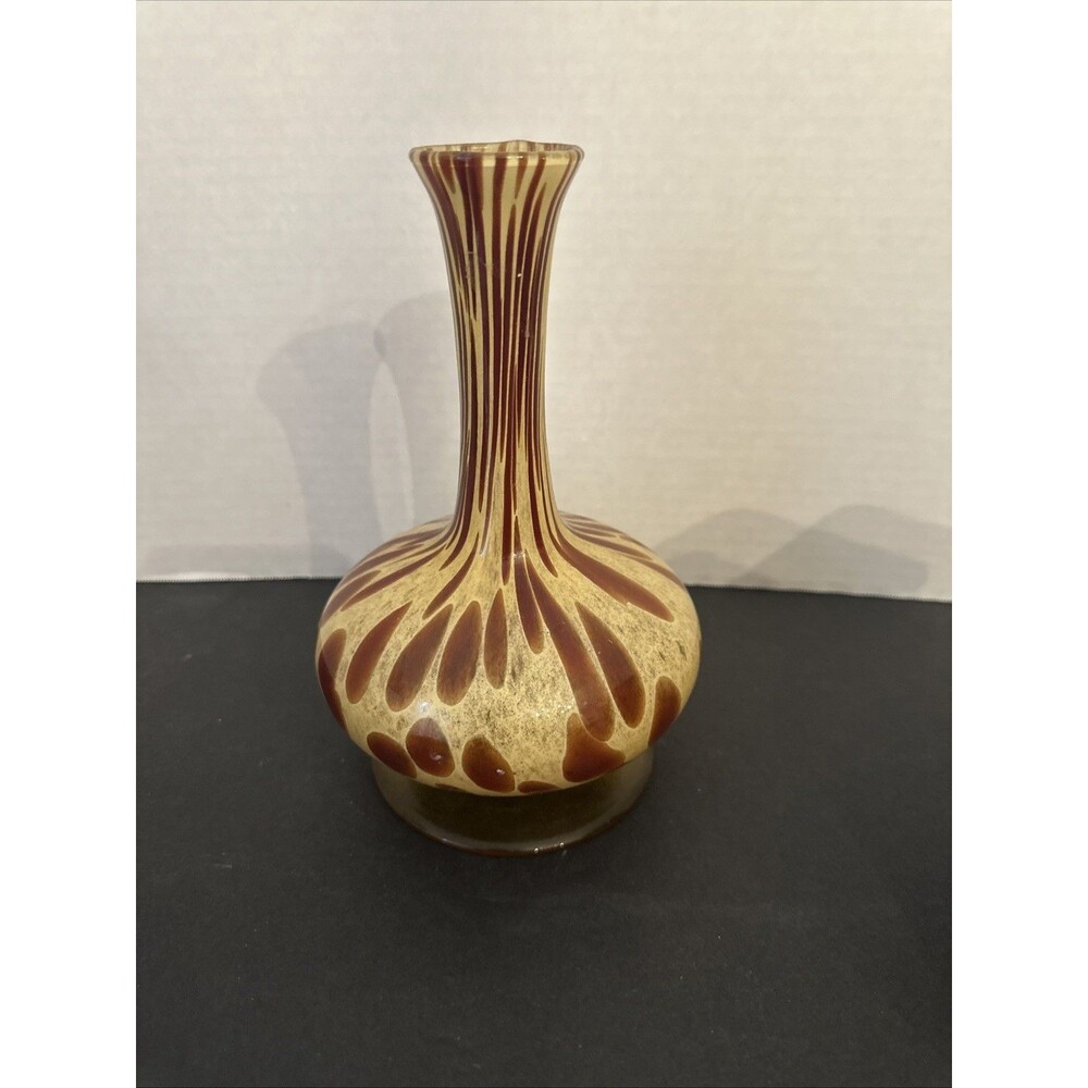 Murano White Cristal Amber Swirl Glass Vase Brown Tortoise Shell MCM Vintage